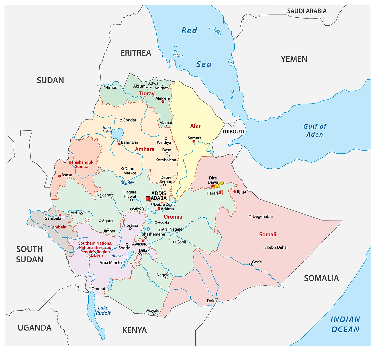 Mapa político de Etiopía que muestra las regiones, sus capitales y la ciudad capital de Addis Abeba.