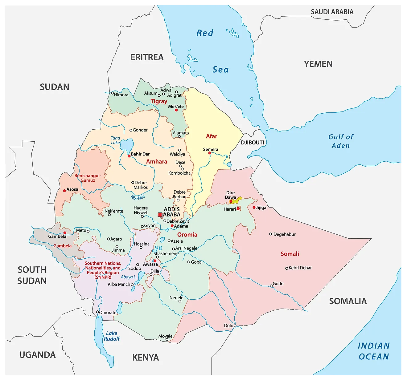 Political Map of Ethiopia showing the regions, their capitals and the capital city of Addis Ababa.