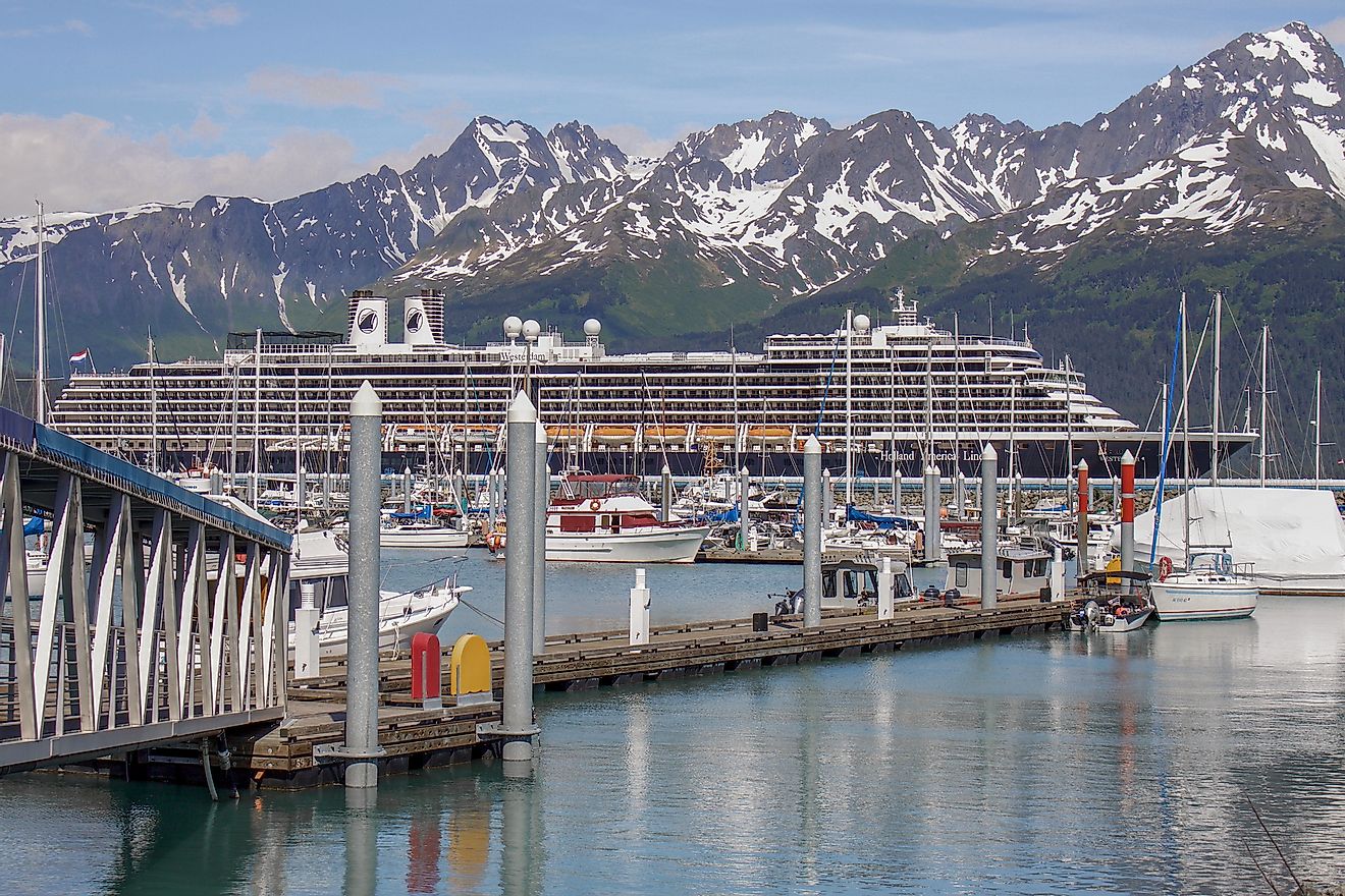 Cruise ship docked in the Seward Harbor in Seward, Alaska. Editorial credit: Raisa Nastukova / Shutterstock.com