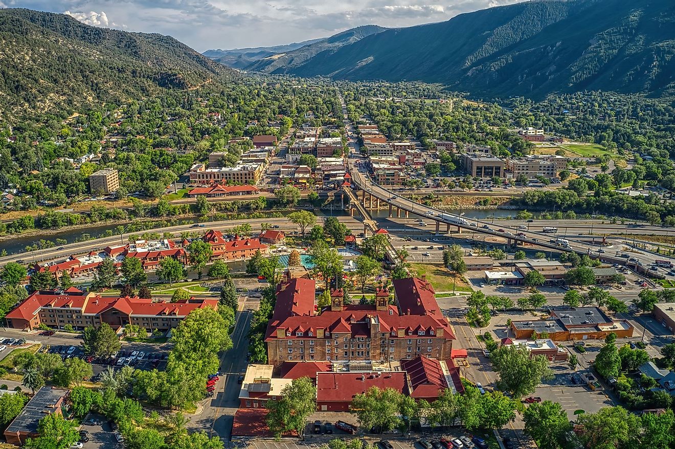 Aerial view of Downtown Glenwood Springs and its large Hot Spring Pool. 