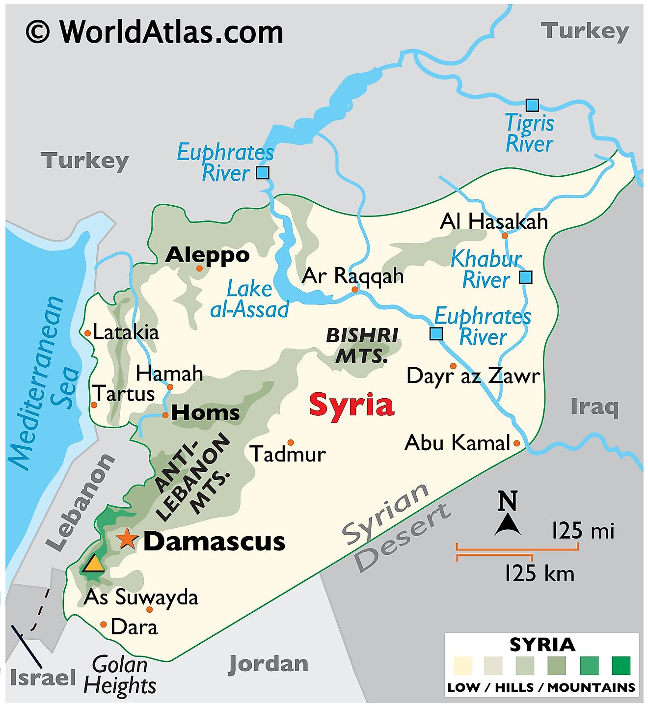 Phyiscal Map of the Syrian Arab Republic with state boundaries, relief, major mountain ranges, rivers, lakes, important cities, and more.