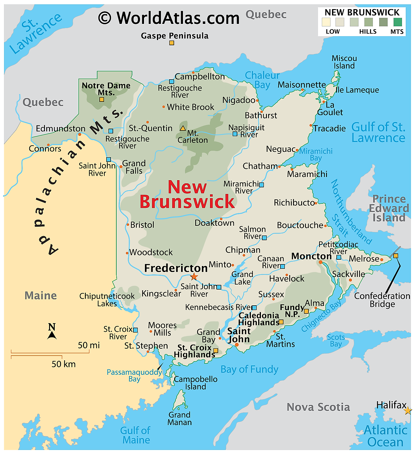 Physical Map of New Brunswick. It shows the physical features of New Brunswick, including mountain ranges, important rivers, major lakes, and islands.