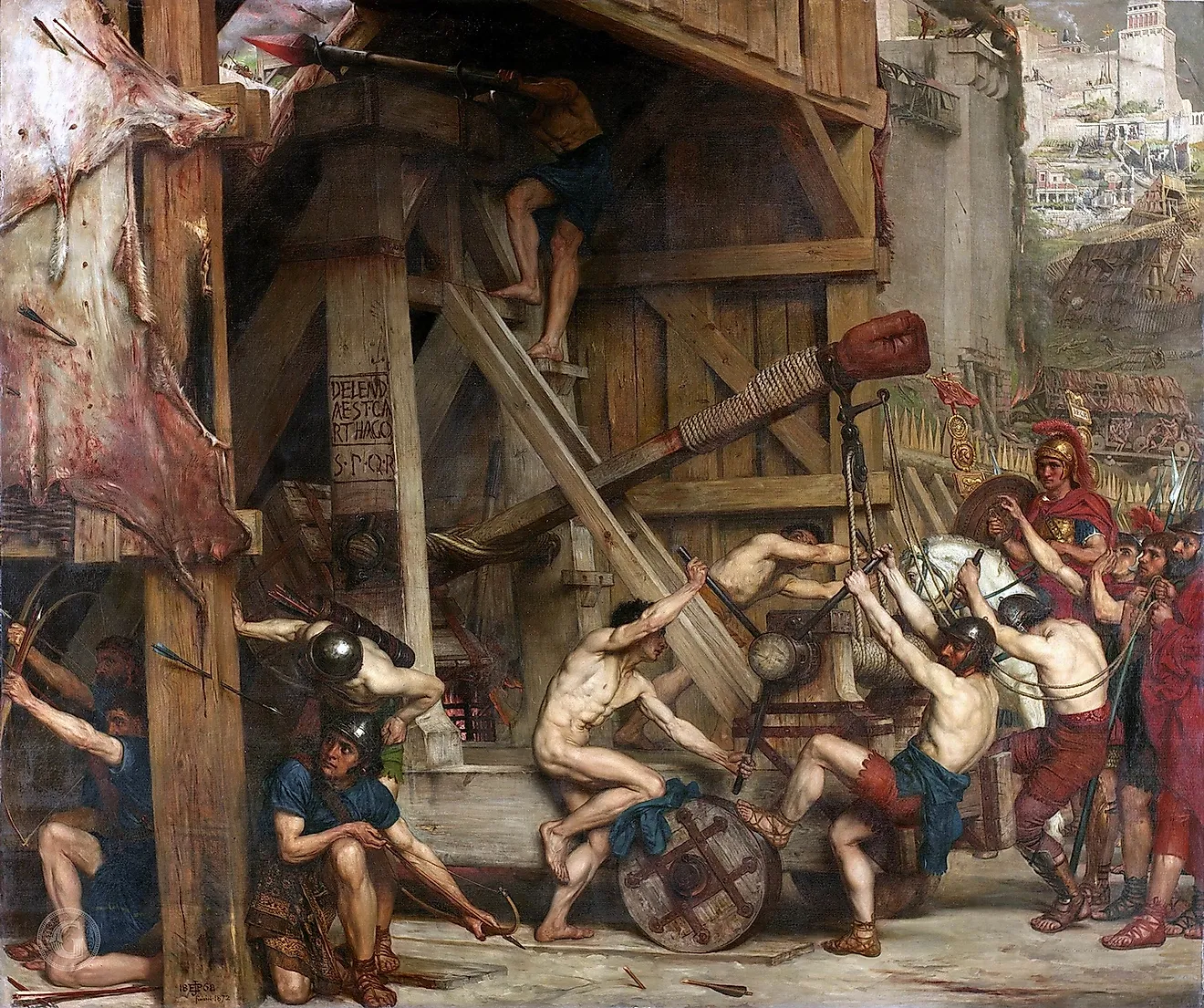 Depiction of Roman soldiers manning a catapult for the attack on Carthage. By Edward Poynter, Public Domain, Wikimedia Commons.