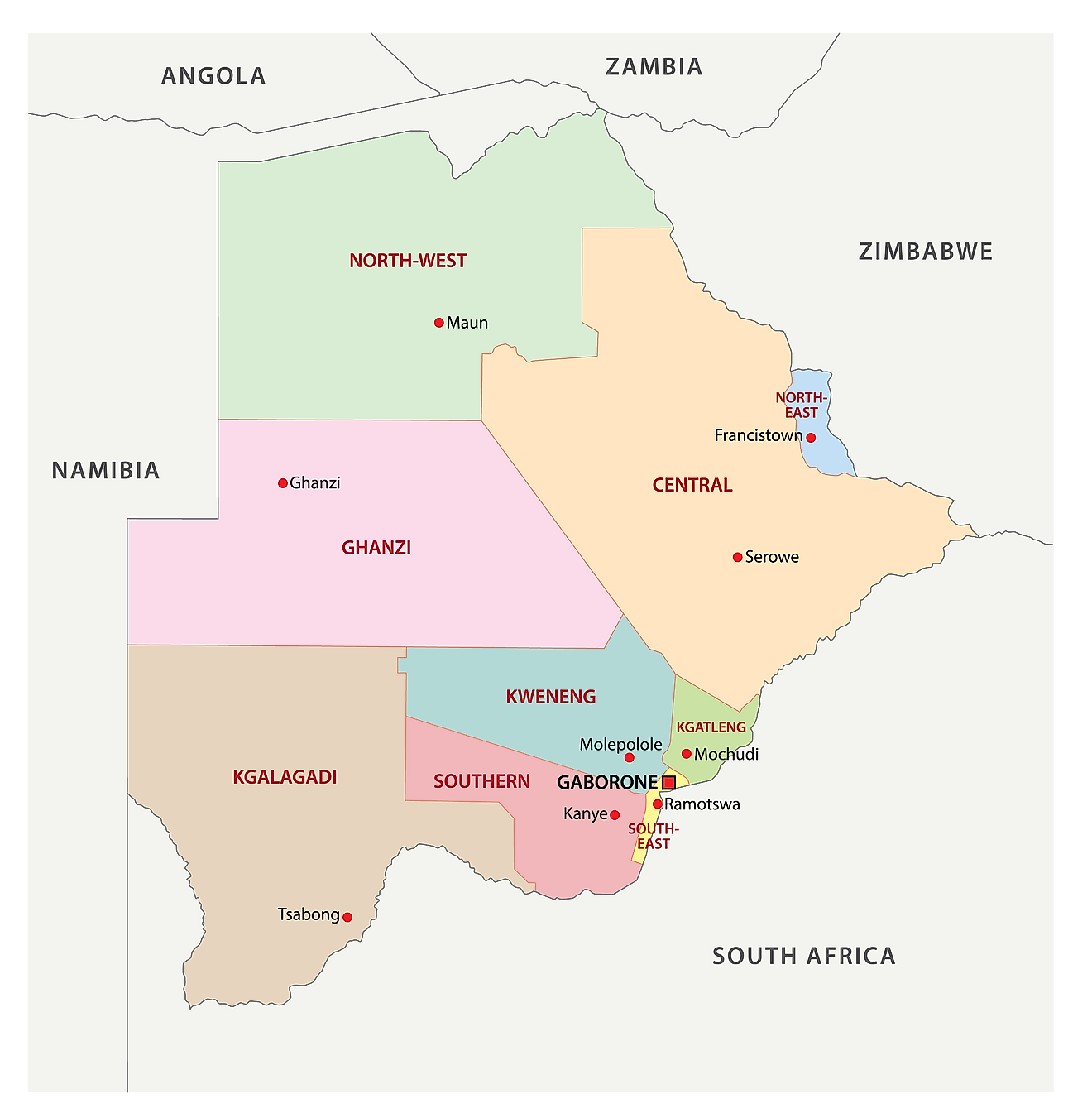 Mapa político de Botswana que muestra sus 10 distritos rurales y 7 urbanos.