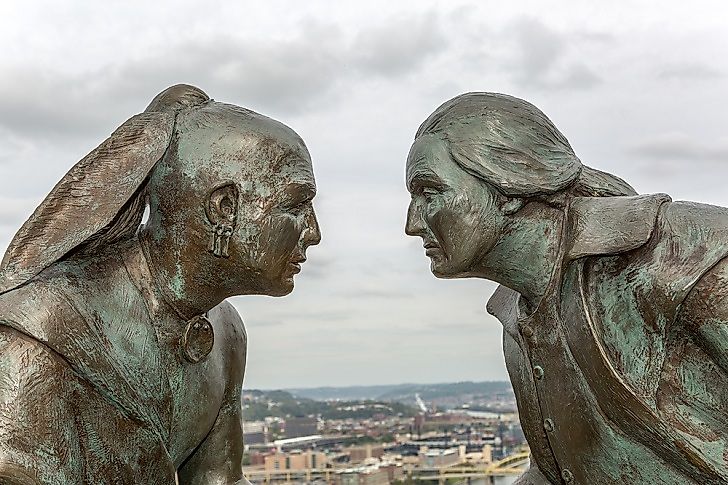 Statues of 18th Century Seneca leader Guyasuta (left) and his contemporary, U.S. General and President George Washington (right), in Pittsbugh, Pennsylvania, U.S.A.