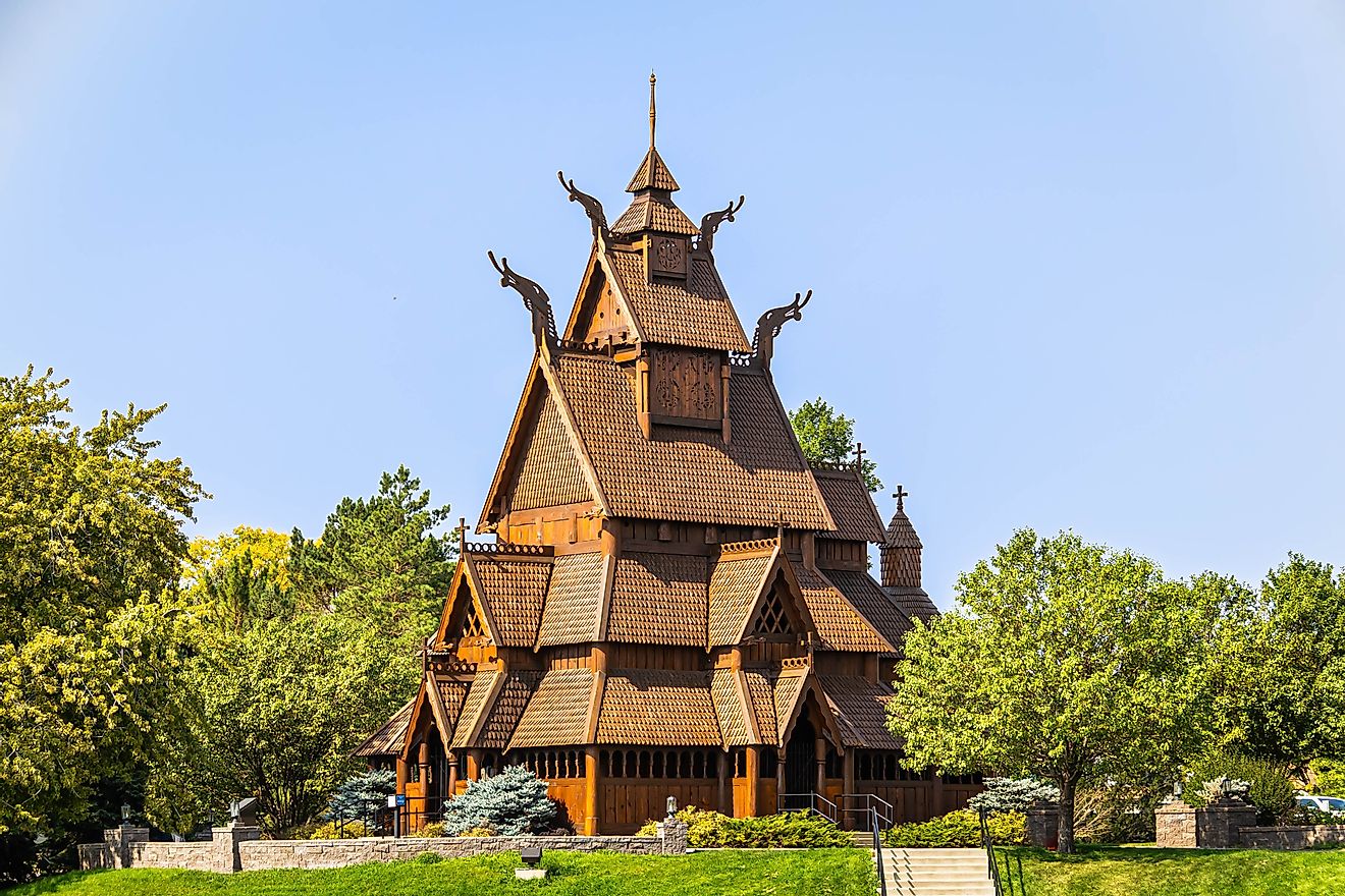Stave church of Norwegian design found in Minot, North Dakota, with architecture similar to structures found in Norway.