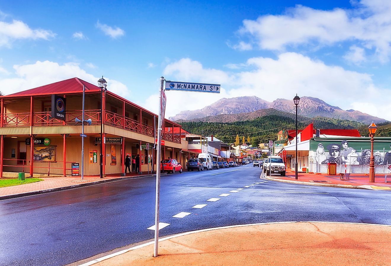 Main shopping street in regional mining town Queenstown on the Tasmanian East Coast. Image credit Taras Vyshnya via Shutterstock.