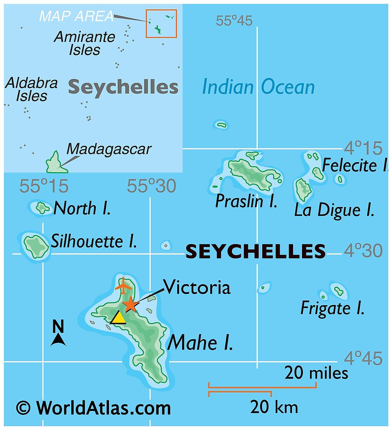 Phyiscal Map of Seychelles with state boundaries. It shows the major physical features of Seychelles including the main islands, terrain, and the nearest foreign territories.