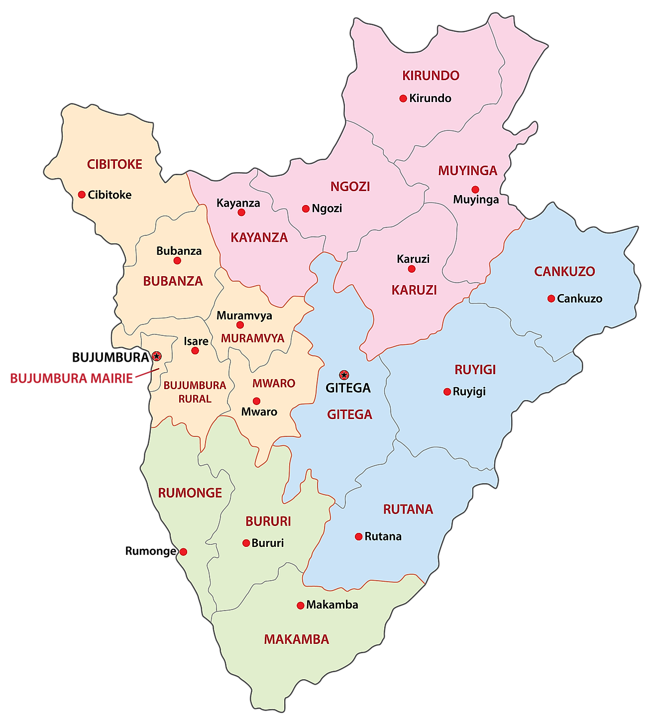 Mapa político de Burundi que muestra sus 18 provincias, sus ciudades capitales y la capital nacional de Gitega.