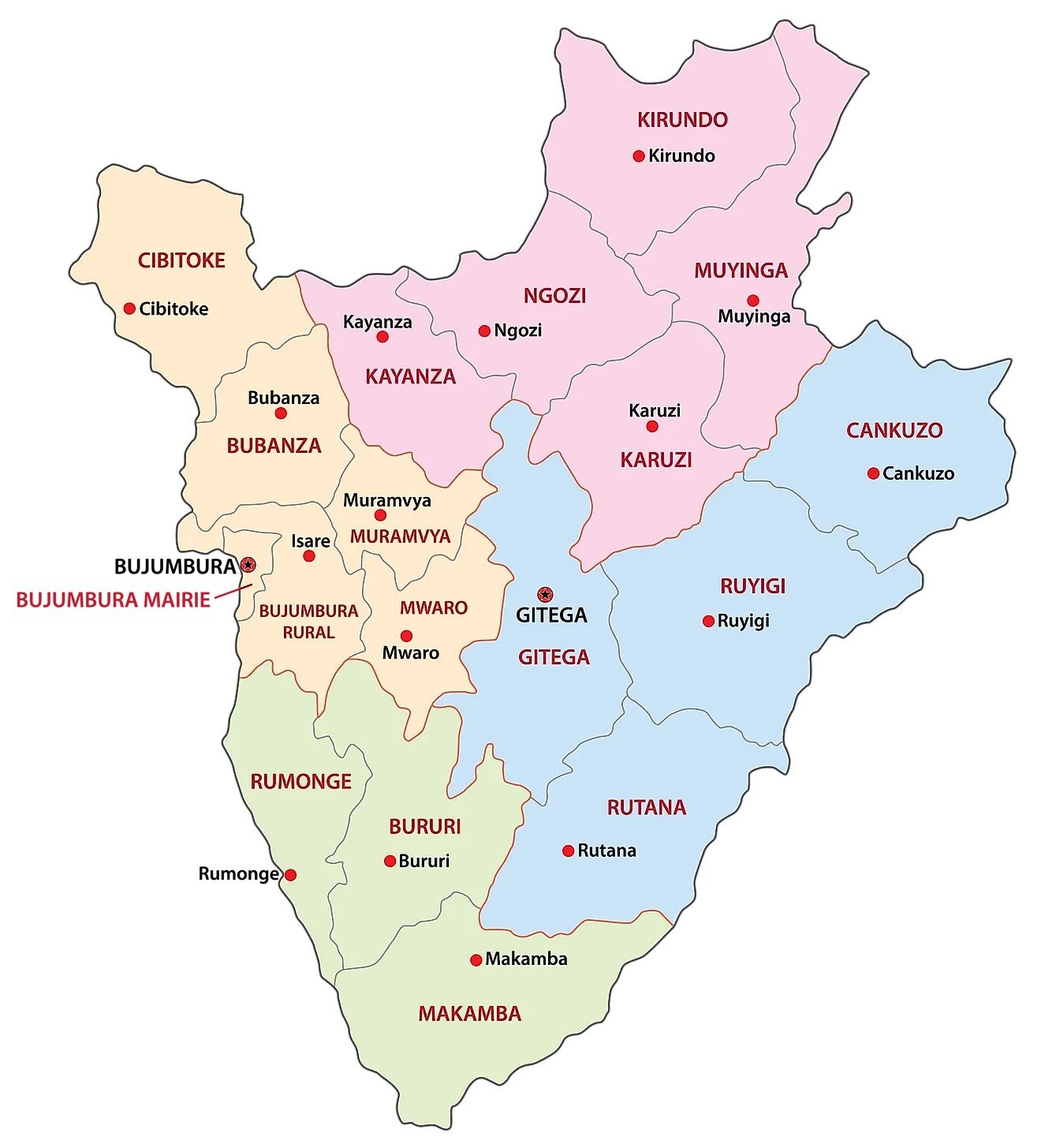 Political map of Burundi displaying its 18 provinces, their capital cities, and the national capital of Gitega.