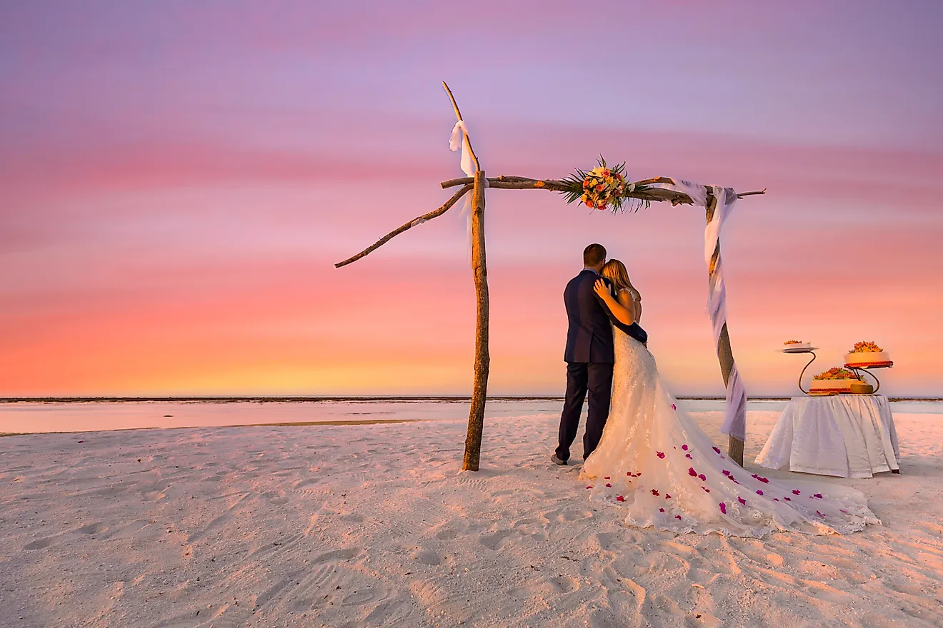 Bride and groom on the beach under wedding arch with cake.