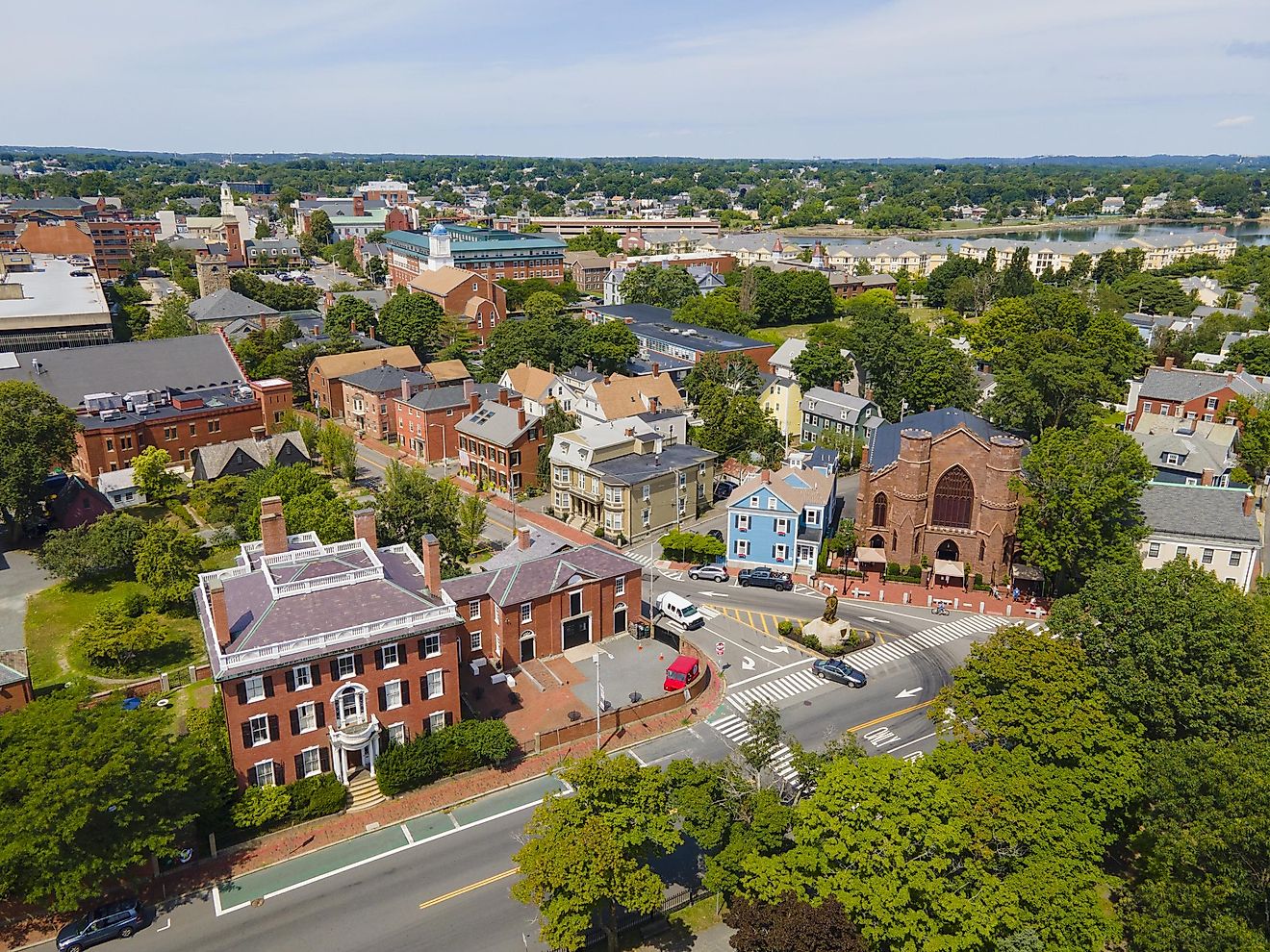 Aerial view of Salem historic city center, including Salem Witch Museum and Andrew Safford House in city of Salem, Massachusetts