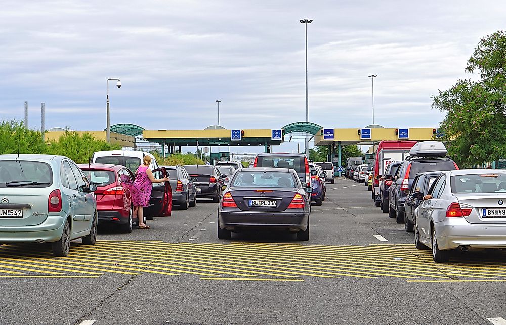 A border checkpoint between Hungary and Serbia. Editorial credit: Nikola Obradovic / Shutterstock.com.