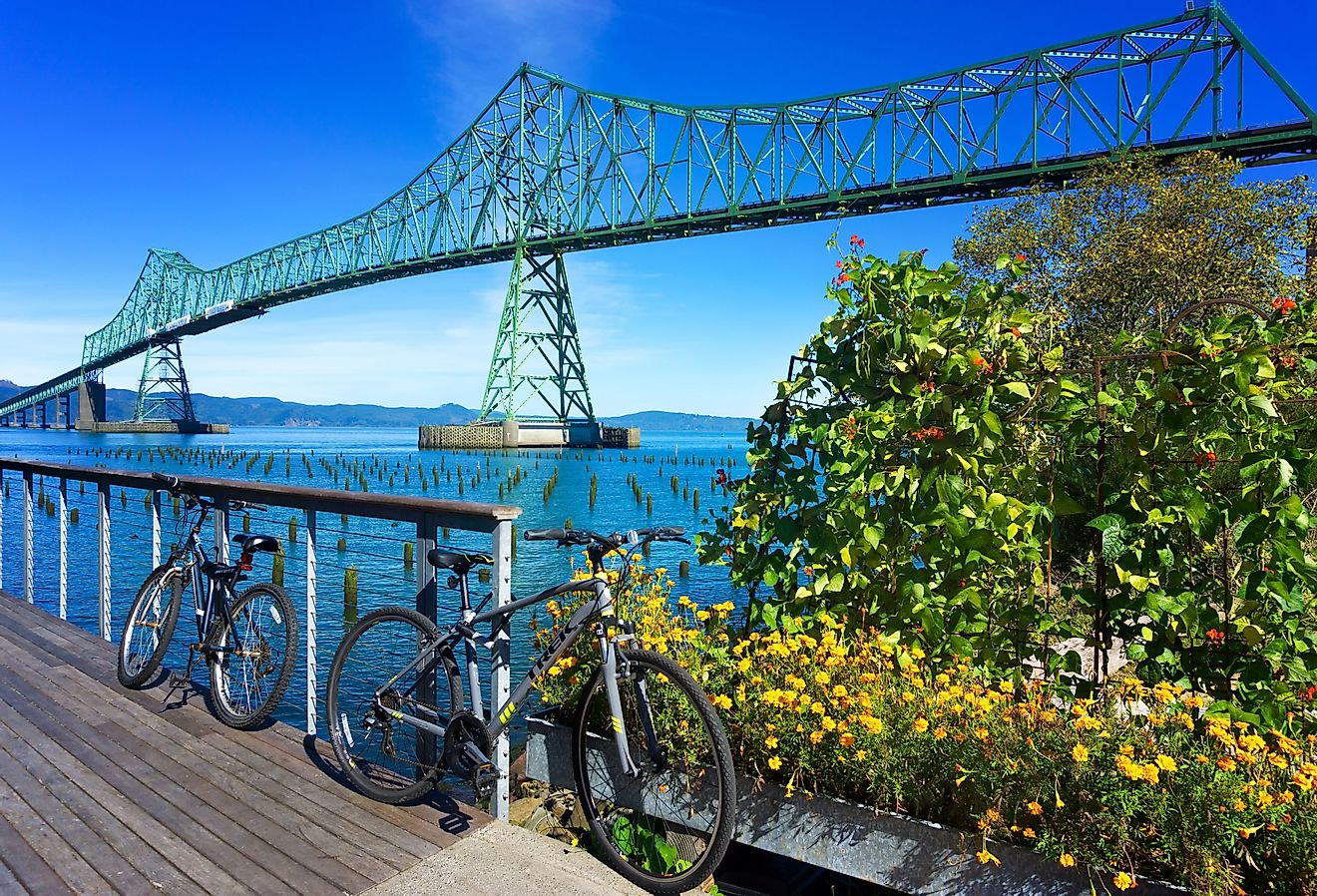 Astoria Megler Bridge with bicycles in the foreground in Astoria, Oregon. Image credit Jess Kraft via Shutterstock