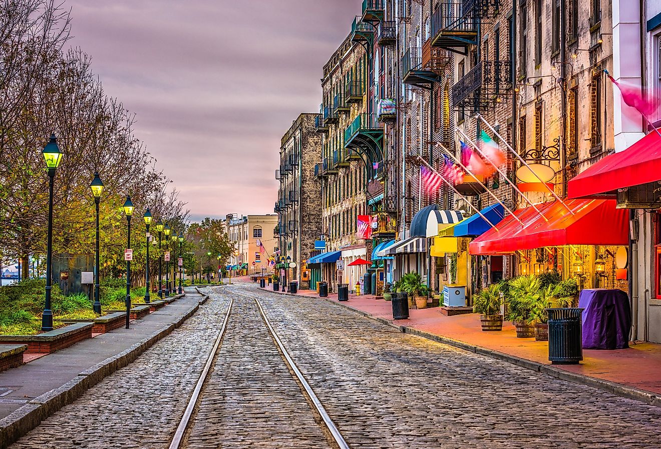River Street in Savannah, Georgia at dusk.
