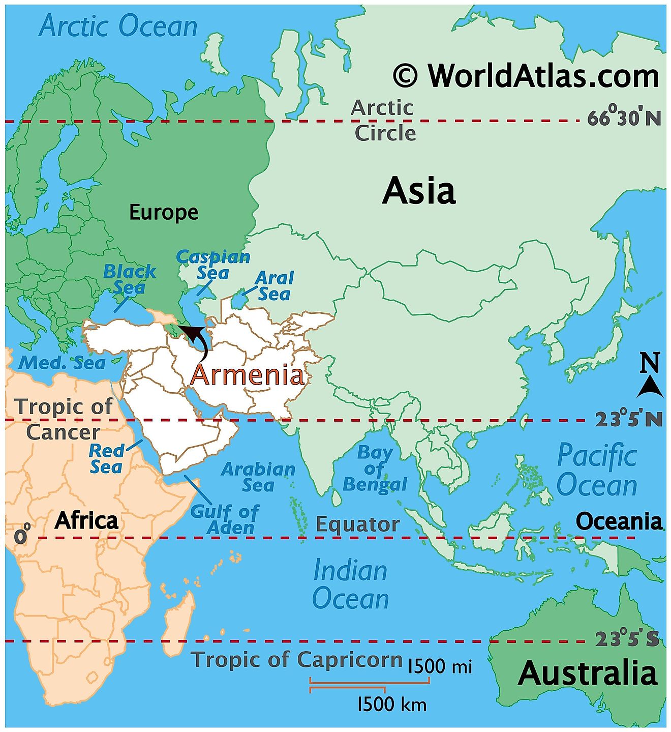 Map showing location of Armenia in the world.