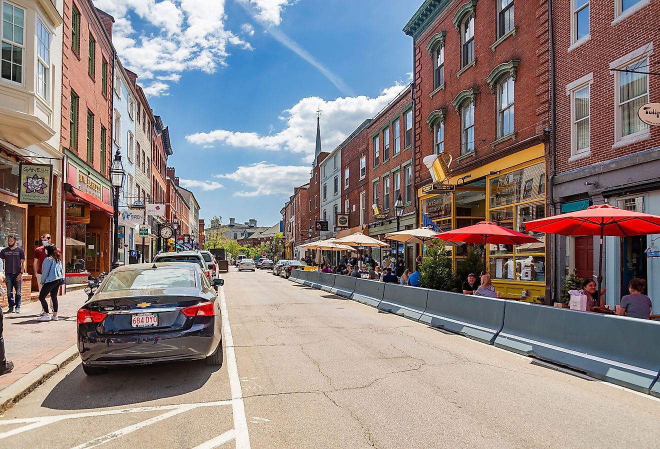 Street and old buildings in downtown Portsmouth, New Hampshire in the spring. Image credit Enrico Della Pietra via Shutterstock