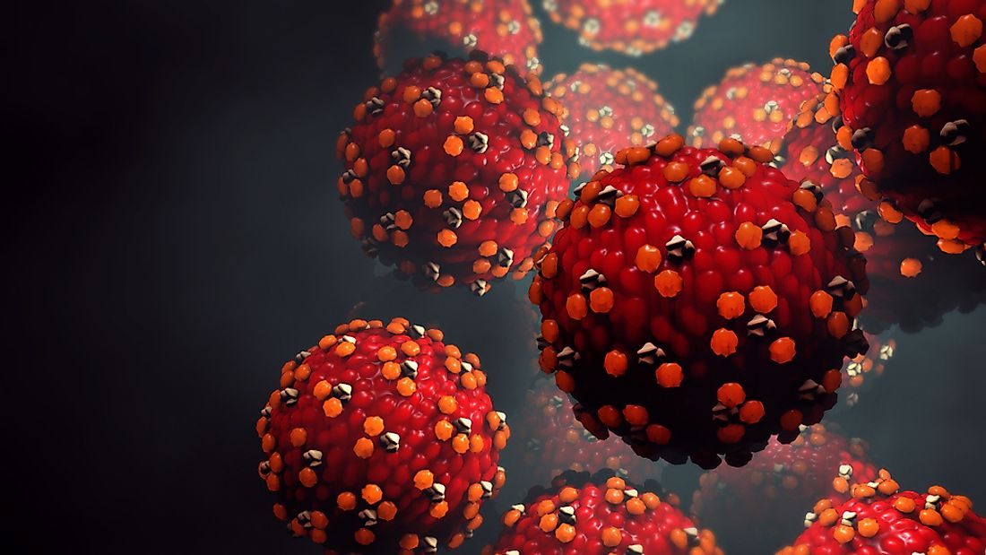 A 3D illustration of the measles virus, zoomed in. 