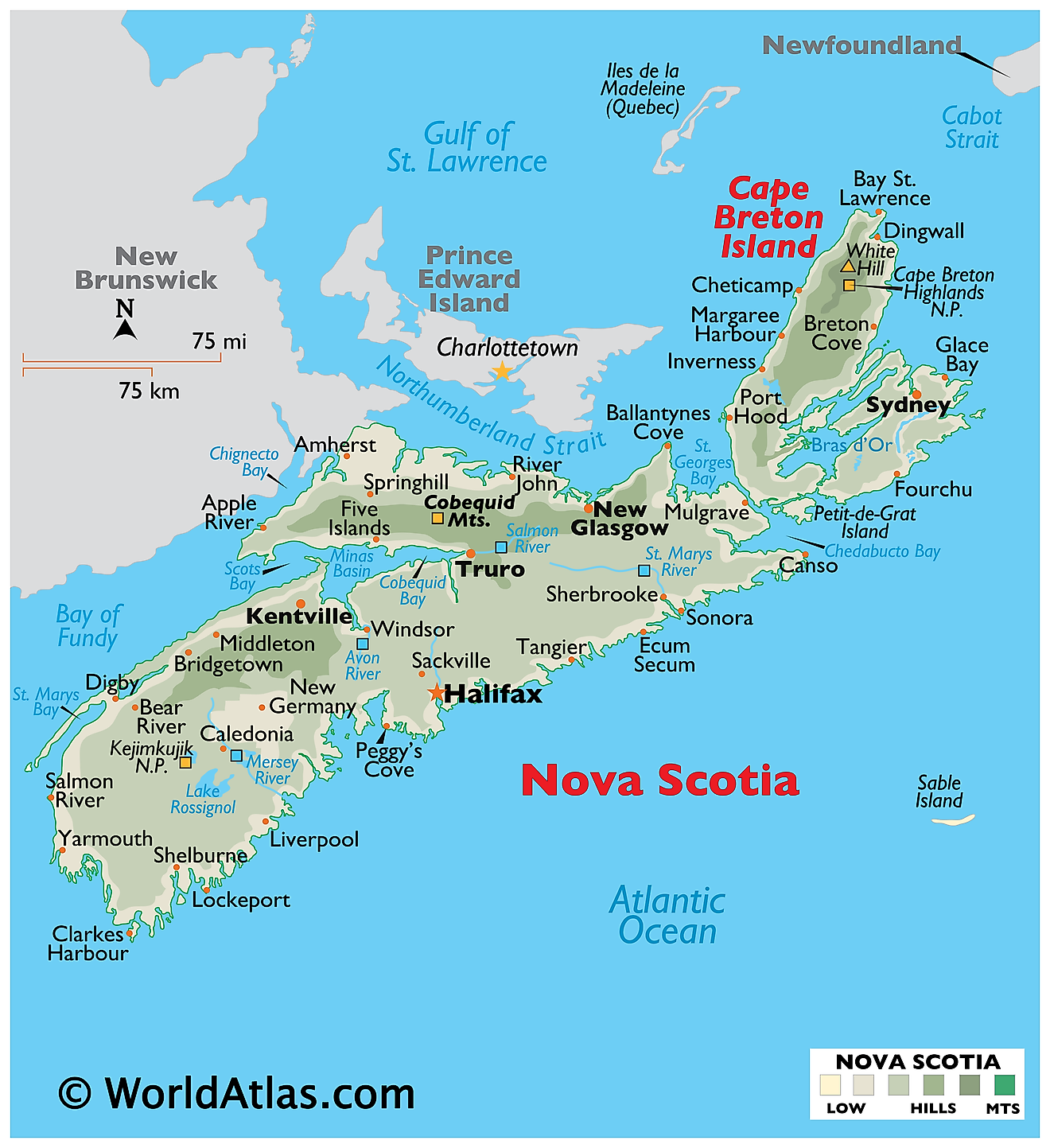 Physical Map of Nova Scotia. It shows the physical features of Nova Scotia, including mountain ranges, important rivers, and major lakes. 