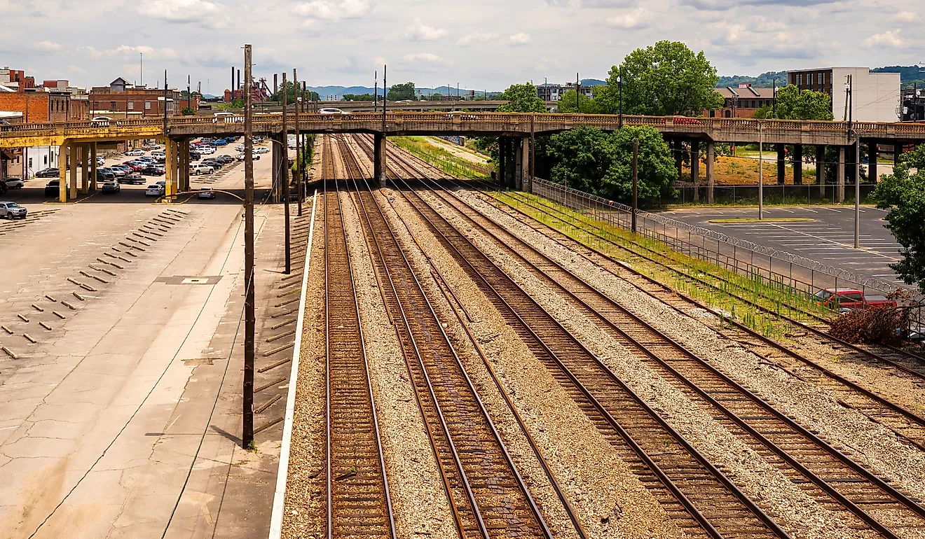 Railroad infrastructure extends through the historic rail corridor in Birmingham, Alabama.