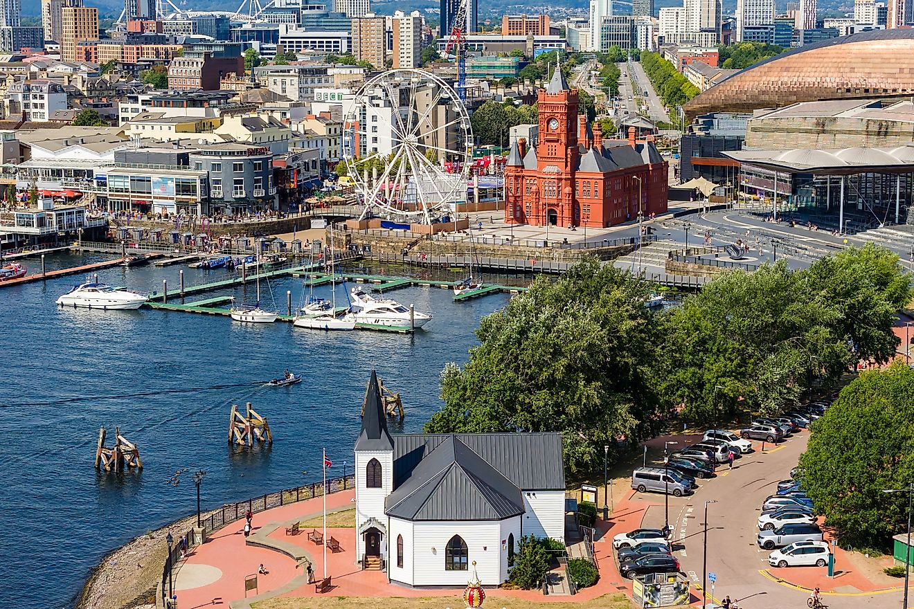 Cardiff, Wales: Aerial drone view of Cardiff Bay showing the Norwegian Church and Pierhead Building.