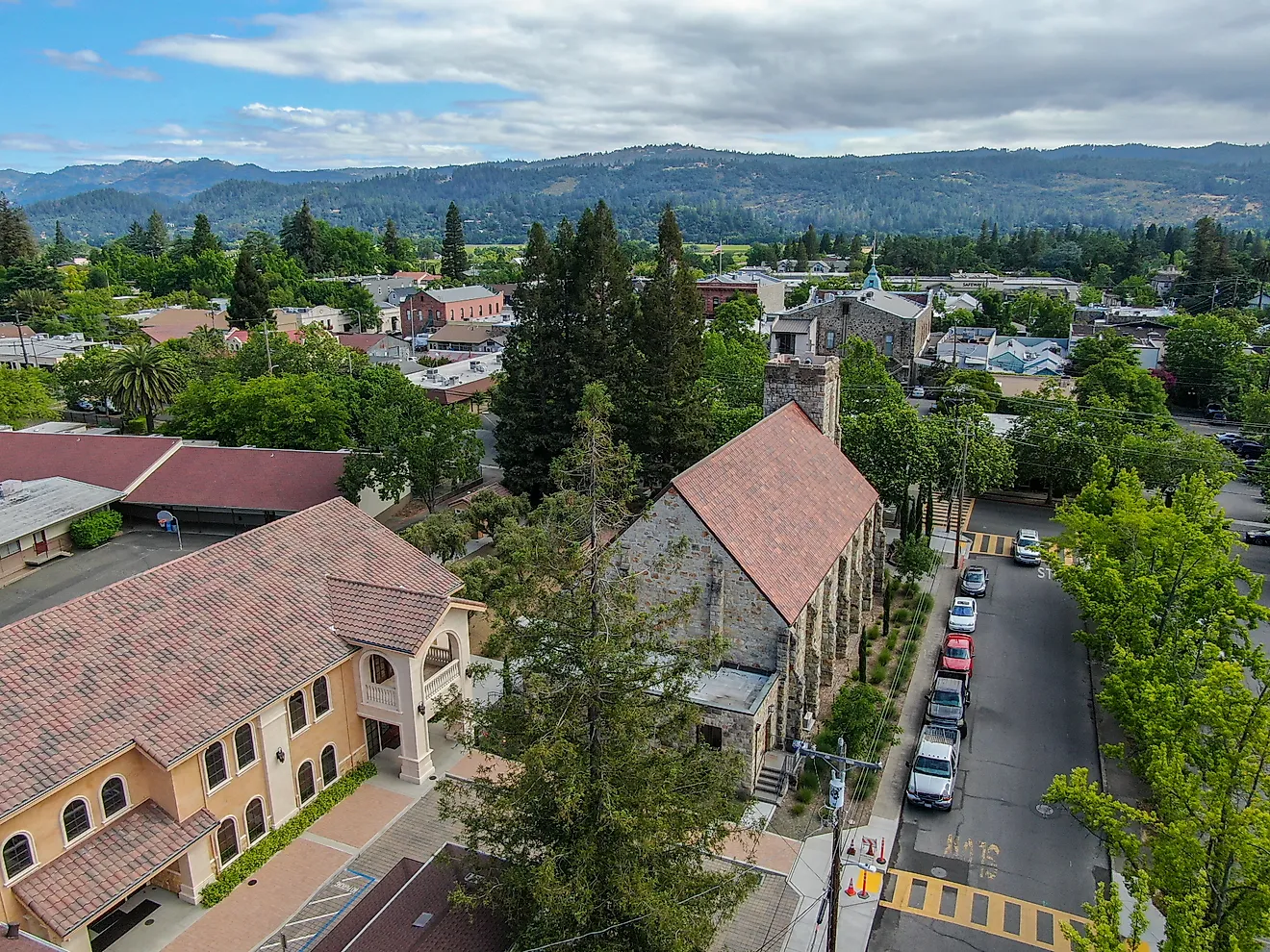 Aerial view of the St. Helena Roman Catholic Church in the town of St. Helena, California. Editorial credit: Unwind / Shutterstock.com