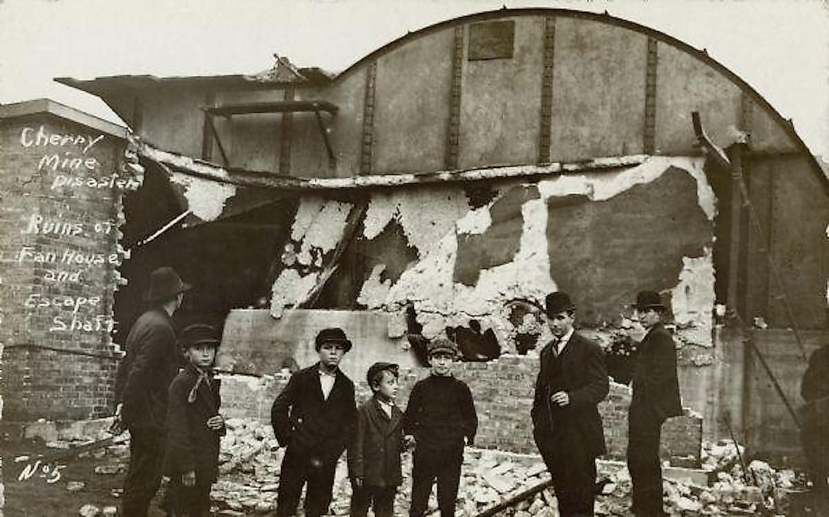 Copy of 1910 postcard showing the aftermath of the Cherry Mine Disaster.