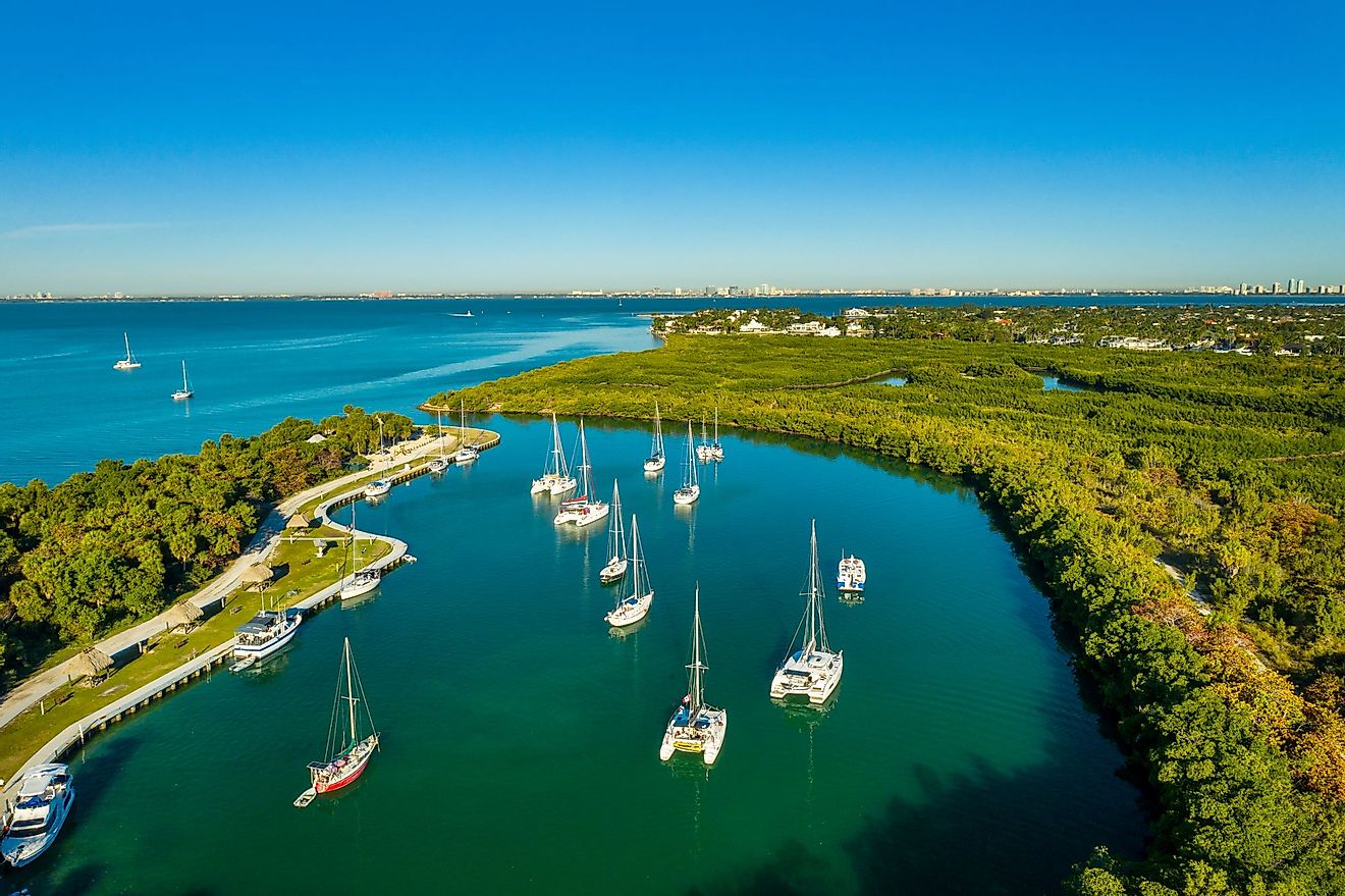 Aerial view of boats in Key Biscayne, Florida. 
