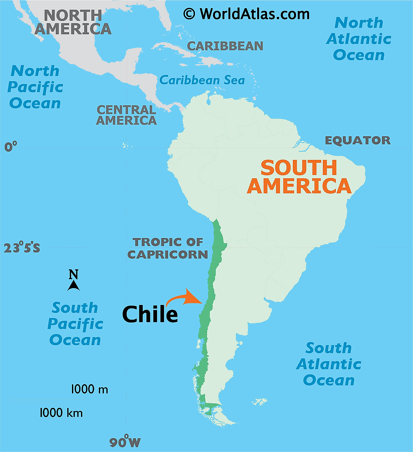 Mapa que muestra la ubicación de Chile en el mundo.