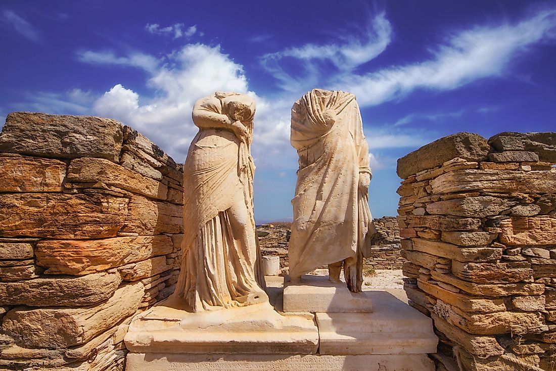 Sculptures of Cleopatra and Dioskourides on Delos Island, Greece. 