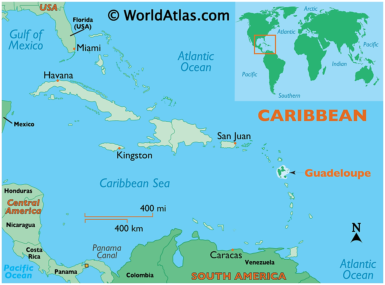 Map showing location of Guadeloupe in the world.