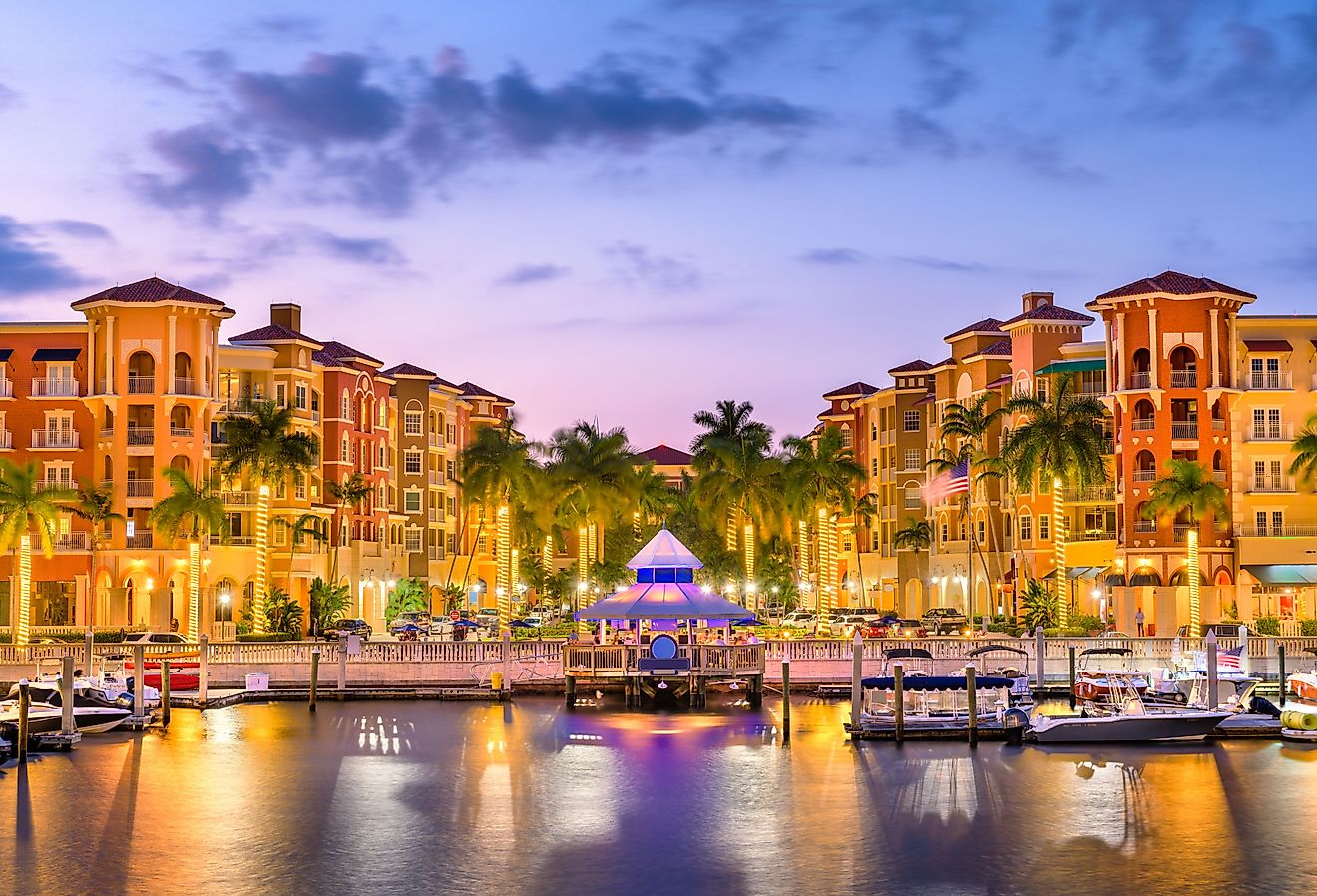 Naples, Florida downtown skyline at dusk.