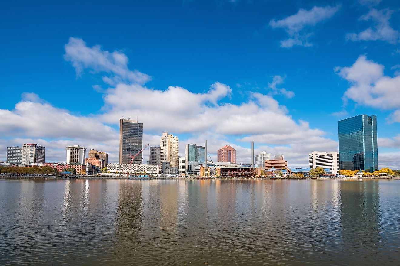 View of downtown Toledo skyline in Ohio, seen across Maumee River.