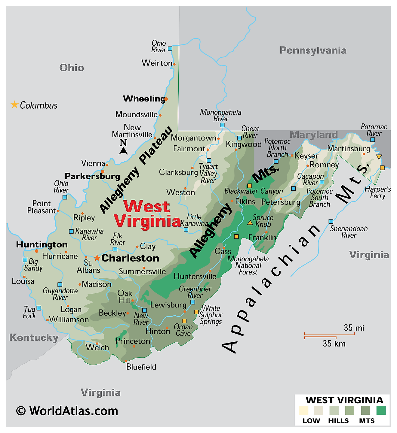 fysisk kort over vest Virginia. Det viser de fysiske træk ved vest Virginia inklusive dets bjergkæder, plateauer og større floder.
