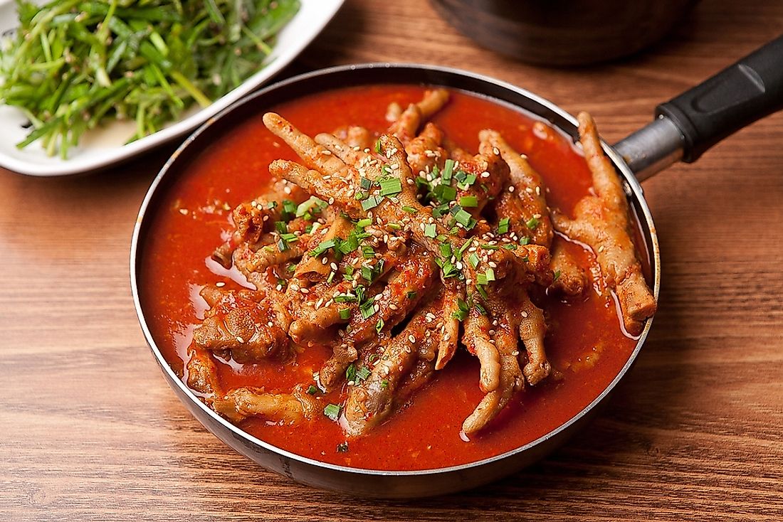 A Korean pub dish consisting of spicy chicken feet. 