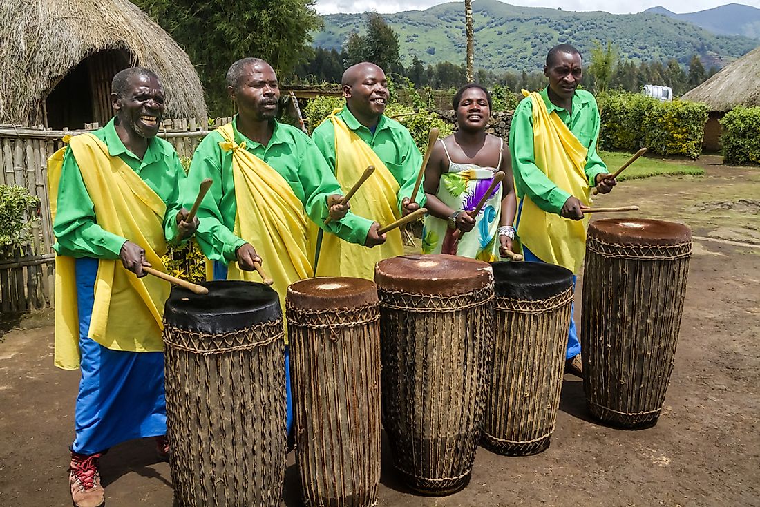 Tribal drummers of the Batwa Tribe perform a traditional dance in Rwanda. Editorial credit: atm2003 / Shutterstock.com.