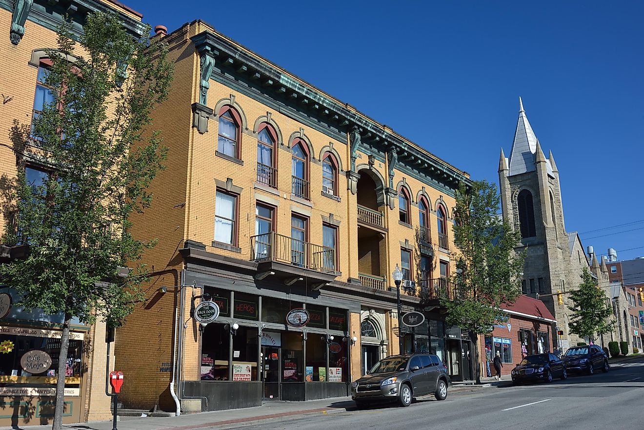 Morgantown, West Virginia: Street view of Morgantown with people on sidewalk