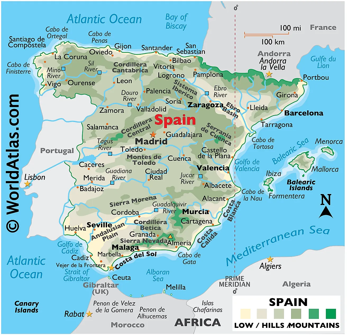 Mapa Físico de España mostrando su relieve, límites estatales, montañas, puntos extremos, principales lagos, ríos, ciudades importantes, etc.