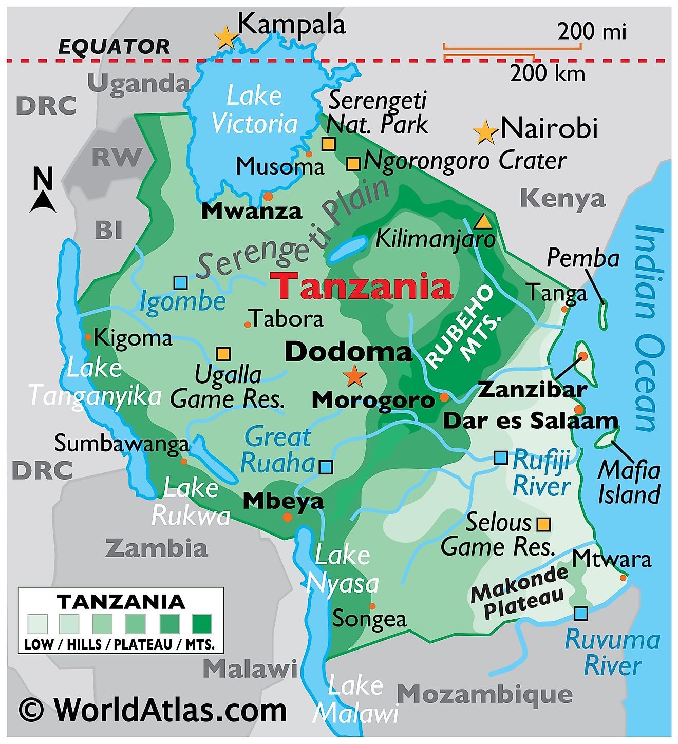 Mapa físico de Tanzania con los límites estatales y las principales características físicas como cadenas montañosas, ríos, lagos, parques nacionales, etc.