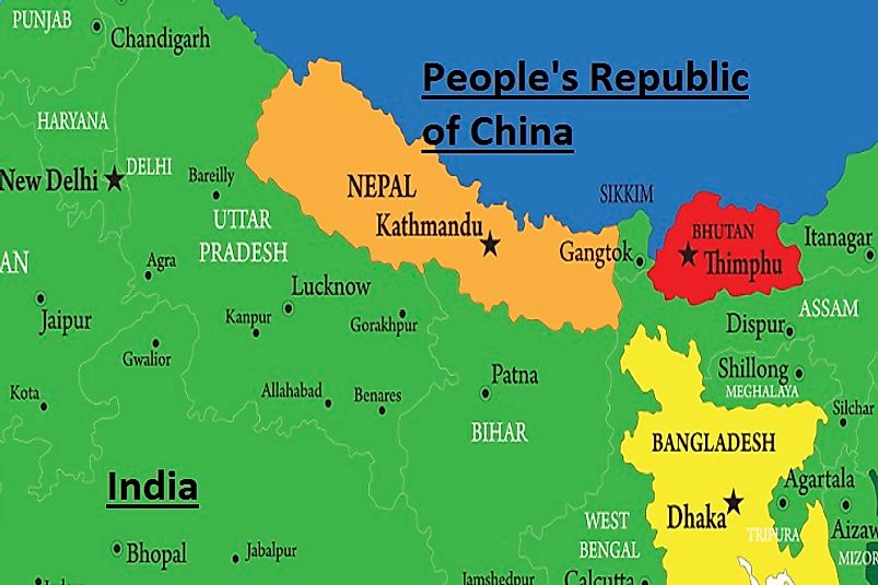 Map showing supposed Himalayan buffer states of Bhutan (red) and Nepal (orange) situated between global superpowers India (green) and China (blue).