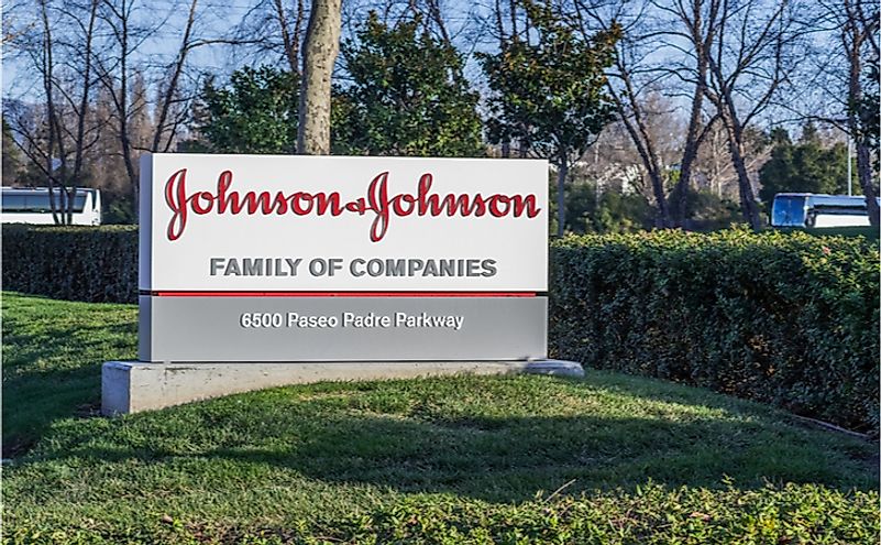 Johnson & Johnson logo in front of one of their office buildings, Fremont, East San Francisco bay area, California. Editorial credit: Sundry Photography / Shutterstock.com.