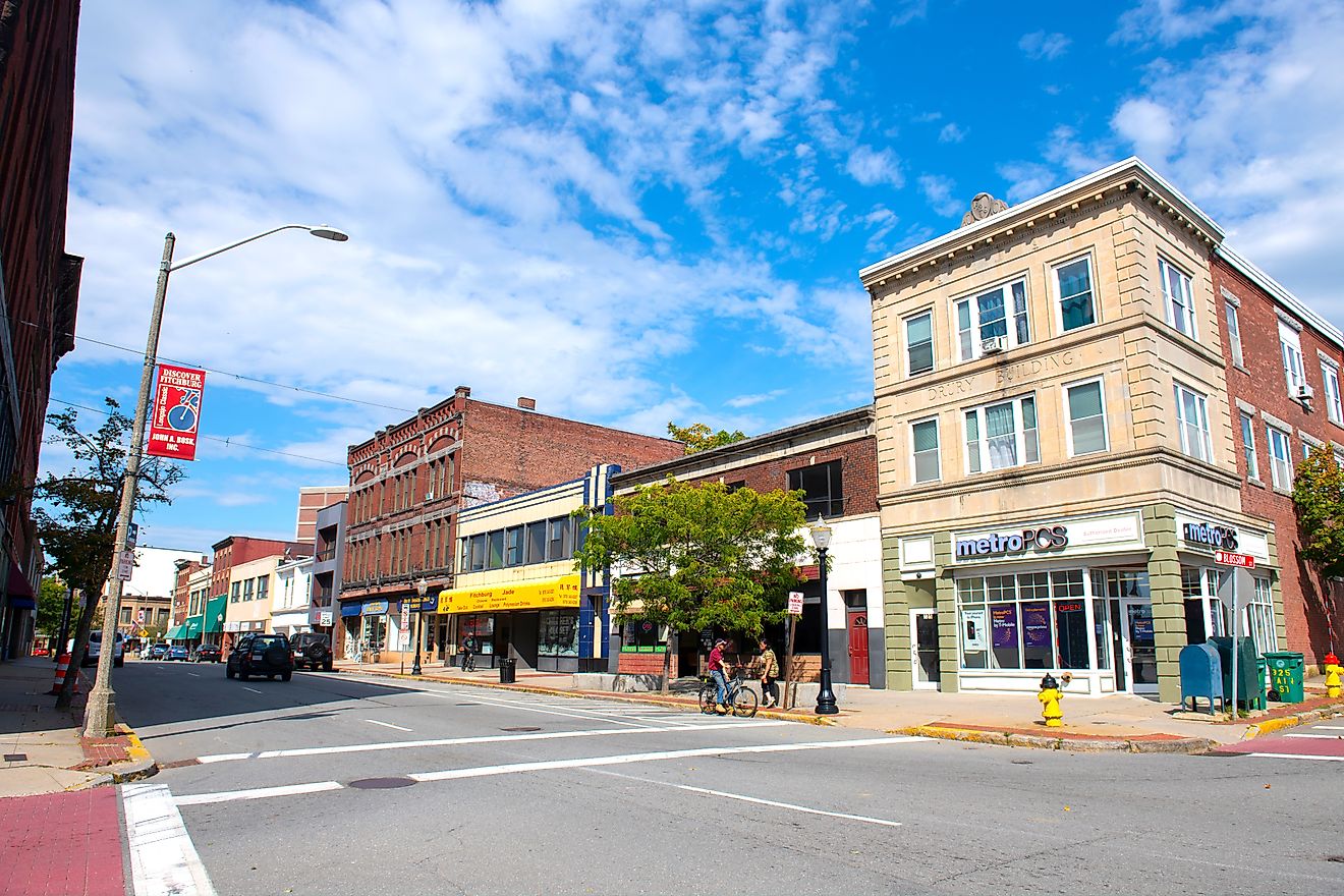 Historic commercial buildings on Main Street in downtown Fitchburg, Massachusetts.