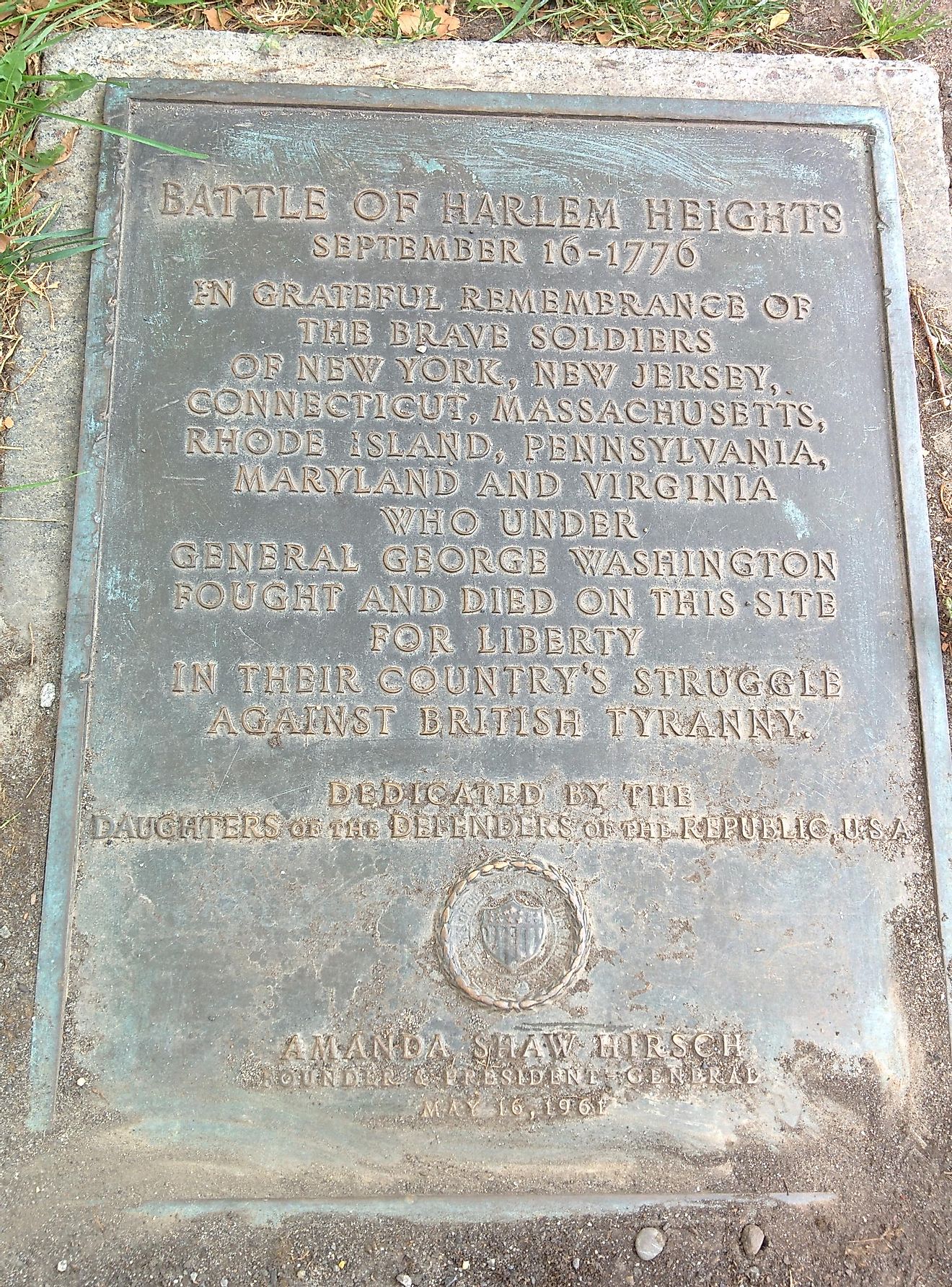 A plaque commemorating the victory at Harlem Heights 185 years after its original occurrence.
