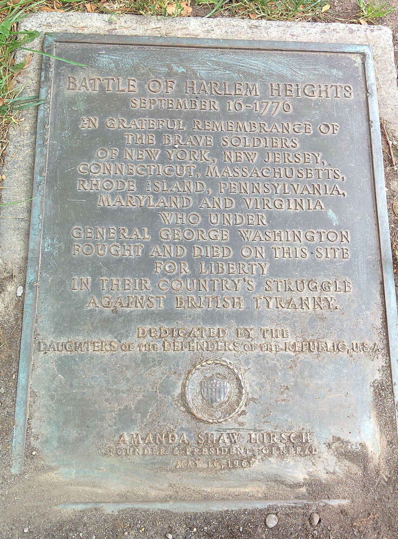 A plaque commemorating the victory at Harlem Heights 185 years after its original occurrence.