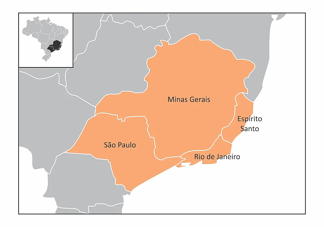 Map of the southeast region of Brazil with the identified states. Image credit: Luisrftc/Shutterstock.com