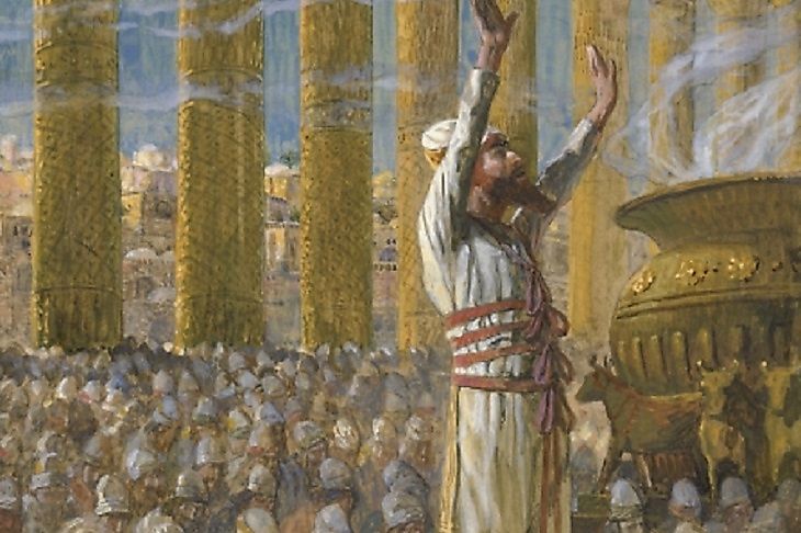 Painting depicting Solomon dedicating the First Hebrew Temple at Jerusalem. Many historians, however, challenge the validity of these Biblical accounts.