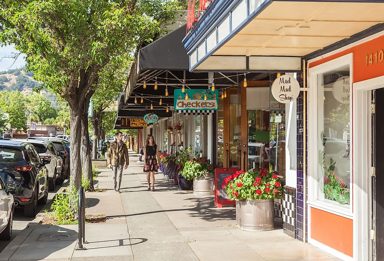  Buildings on the streets of Historic Calistoga, a popular tourist stop at the north end of Napa Valley wine country. Image credit: Dragan Jovanovic via Shutterstock.