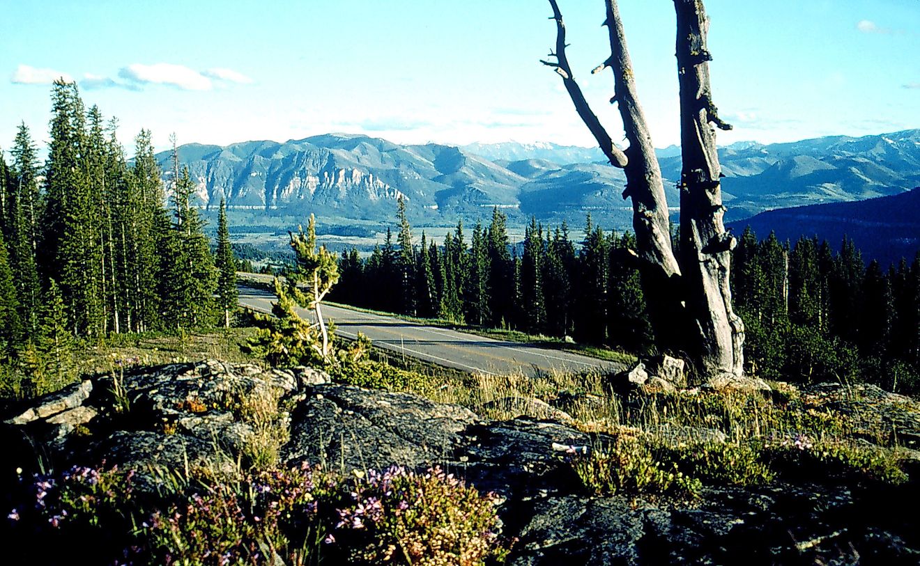 View of mountains and the road from Clarks Fork Overlook along Beartooth Scenic Highway.