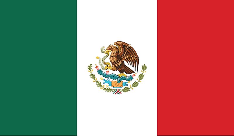 The flag of Mexico is a tricolor of green, white, and red, featuring the Mexican Coat of Arms. 