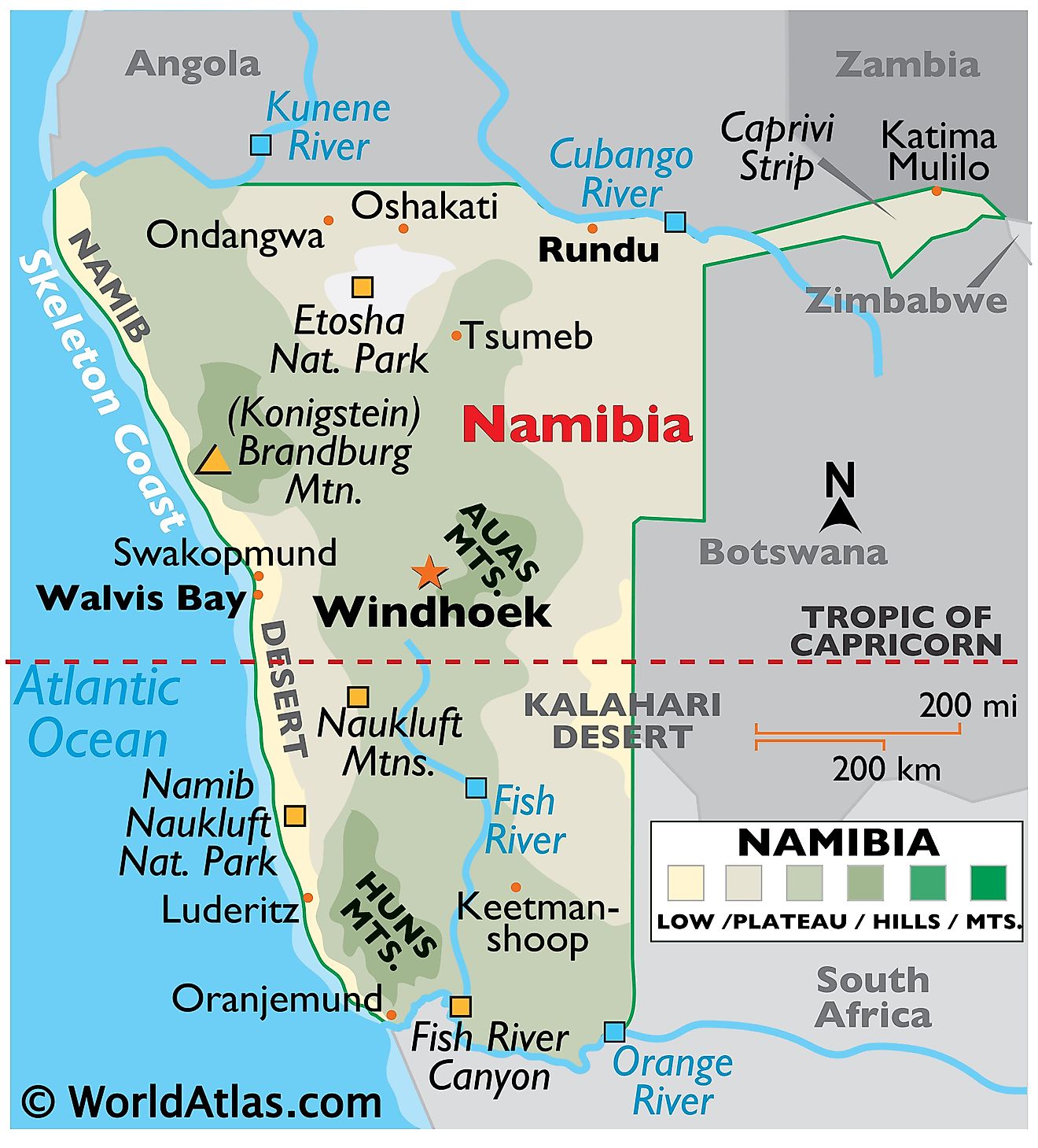 Physical Map of Namibia showing the relief of the country and major physical features like deserts, mountains, rivers, relative location of major cities, and more.